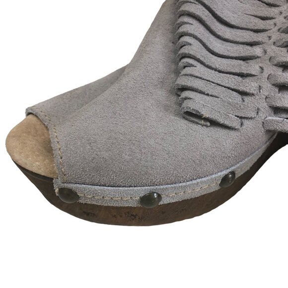 Sbicca Gray Suede Peep-Toe Fringe Wedge Sandals 5” Wooden Heel Size 10 M Boho - Picture 15 of 16